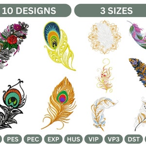 Feather Embroidery Designs | 10 Unique Feathers, 3 Sizes