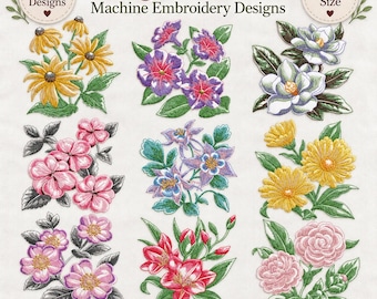 Floral Machine Embroidery Designs Set - 9 Flower Bouquets - 1 size