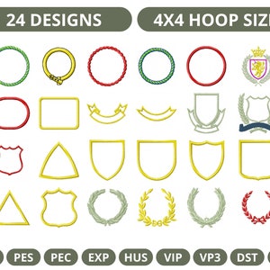 Peut inclure: 24 motifs de broderie pour un cerceau de 4x4. Les motifs comprennent des couronnes, des boucliers, des bannières et des cercles de différentes couleurs. Les formats de fichiers sont JEF, PES, PEC, EXP, HUS, VIP, VP3, DST et XXX.