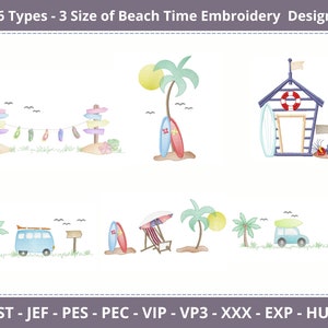 May include: Six different embroidery designs featuring beach-themed imagery, including palm trees, surfboards, beach houses, and a van. The designs are available in three sizes.