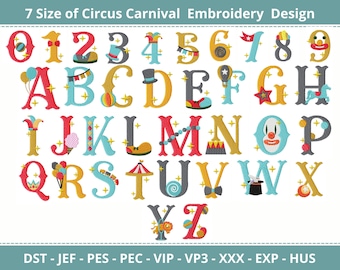 Circus Carnival Alphabet & Number Embroidery Design Set – 7 Sizes, Playful and Fun Patterns in Multiple Formats