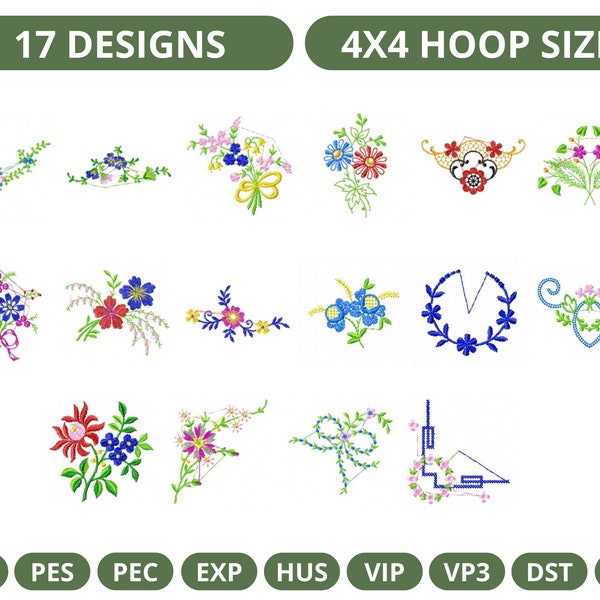 17 Floral Designs for Hanky, Towel and Home Decor, Embroidery Designs for 4x4 hoop size, instant download