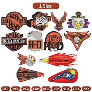 May include: A collection of Harley-Davidson embroidered patches in various shapes and designs. The patches feature eagles, logos, and text in orange, black, white, and red. The text includes "Harley-Davidson" and "EST. 1903".