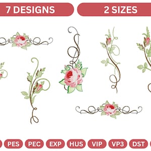 7 Elegant Floral Swirl Embroidery Designs | Rose & Vine Machine Embroidery Patterns | Digital Download | 2 Sizes
