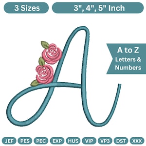 Pode incluir: Uma letra "A" bordada em verde-azulado com rosas cor-de-rosa e folhas verdes. O design está disponível nos tamanhos de 7,6, 10,2 e 12,7 cm. O texto "A to Z Letters & Numbers" também está incluído.