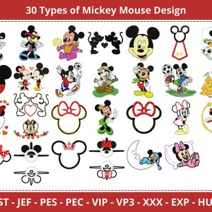 30 Types Mickey Mouse Embroidery Design - Mickey and Minnie Applique Machine Embroidery Pattern And Designs – 1 Size , Instant Download