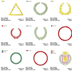May include: A set of 10 embroidery designs featuring different shapes and styles, including a triangle, wreaths, and circles. The designs are in various colors, including red, green, and gold.