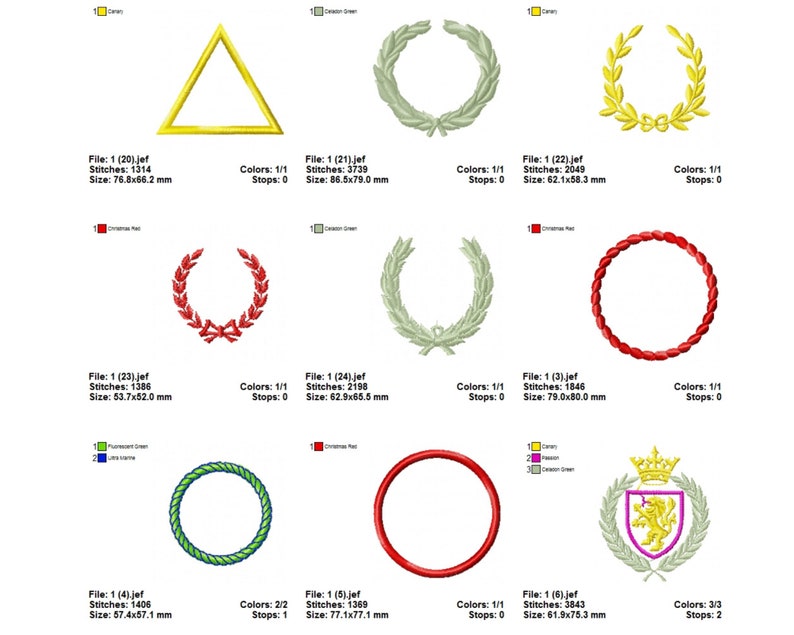 May include: A set of 10 embroidery designs featuring different shapes and styles, including a triangle, wreaths, and circles. The designs are in various colors, including red, green, and gold.