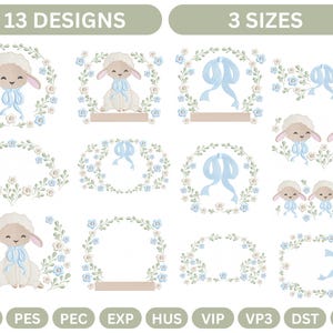 Può includere: Immagine con 13 disegni di agnelli con fiocchi blu e ghirlande floreali, disponibili in 3 misure. Il testo "13 DESIGNS" e "3 SIZES" è incluso.