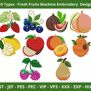 Fresh Fruits Machine Embroidery Designs - 10 Unique Fruit Patterns - Instant Download