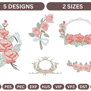 Floral Rose Embroidery Design Set – 5 Designs in 2 Sizes – Instant Download – Multiple File Formats