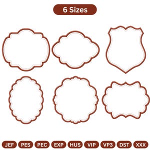 May include: Six different brown-outlined label designs with white interiors are displayed. The labels vary in shape, including oval, shield, and cloud-like forms. The text "6 Sizes" is at the top. Below are file type abbreviations: JEF, PES, PEC, EXP, HUS, VIP, VP3, DST, and XXX.
