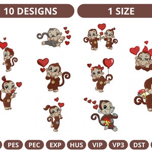 Peut inclure: Dix motifs de broderie représentant de mignons singes de dessin animé dans différentes poses avec des cœurs et des fleurs. Les motifs sont disponibles en une seule taille et sont parfaits pour la Saint-Valentin ou toute autre occasion.
