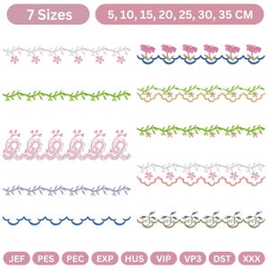May include: A selection of embroidered border designs with floral and vine motifs. The borders are in shades of white, pink, green, and blue. Text indicates 7 sizes, from 5 to 35 cm. Ideal for craft projects.