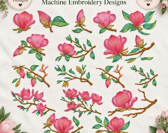 Floral Machine Embroidery Designs - 17 Magnolia Flowers Set Instant Download - 1 Size