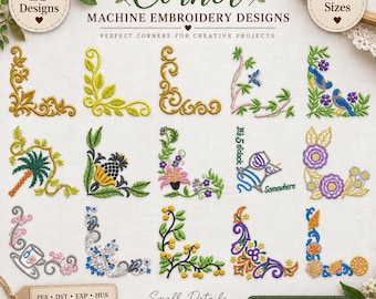 Corner Machine Embroidery Designs Set - 15 Patterns - 2 Sizes