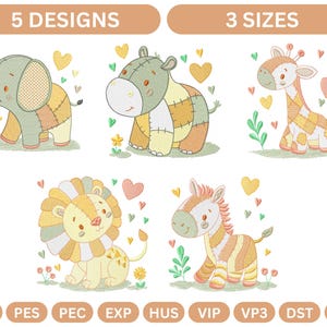 Cute Jungle Animal Machine Embroidery Design Set – Elephant, Giraffe, Hippo, Lion, Zebra – 5 Designs in 3 Sizes