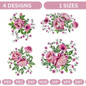 Könnte beinhalten: Vier Stickmuster mit rosa und grünen Blumensträußen. Die Designs sind in einer Größe erhältlich. Die Dateiformate sind JEF, PES, PEC, EXP, HUS, VIP, VP3, DST und XXX.