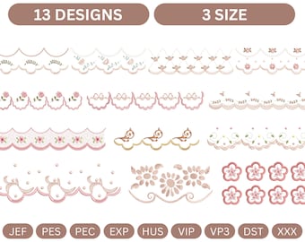 Scalloped Floral Border Embroidery Machine Design Bundle, 13 Delicate Lace Edge files - 3 Sizes