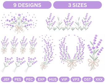 May include: Nine embroidery designs of lavender flowers in various arrangements, including bouquets, wreaths, and single stems. The designs are available in three sizes. The file formats are JEF, PES, PEC, EXP, HUS, VIP, VP3, DST, and XXX.
