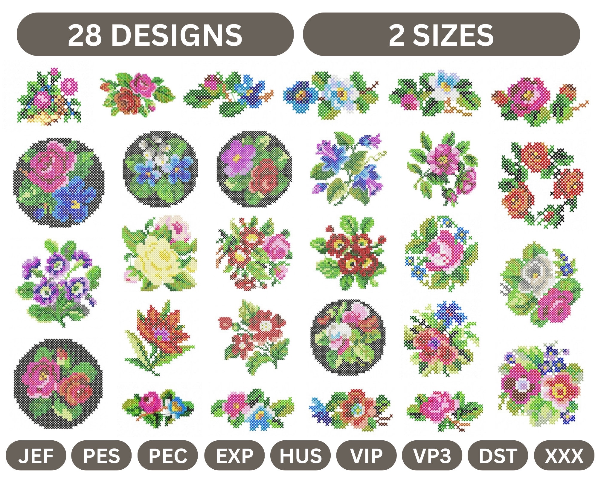 Cross Stitch Rose Flower Machine Embroidery Design,Instant Download