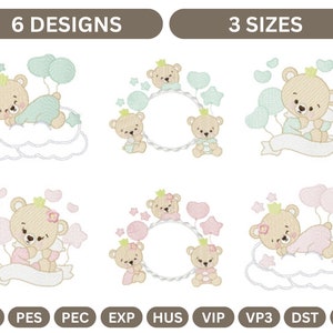 Cartoon Bear Embroidery Designs, Cute Teddy Bear Embroidery Designs - 6 Adorable Patterns, 3 Sizes - Digital Download