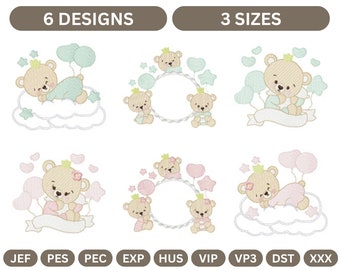 Cartoon Bear Embroidery Designs, Cute Teddy Bear Embroidery Designs - 6 Adorable Patterns, 3 Sizes - Digital Download