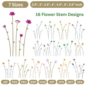 May include: An image showcasing 16 flower stem designs in various colors, with text indicating 7 sizes ranging from 2.5 to 5.5 inches. The designs include different flower types and stem styles, suitable for embroidery or digital art projects.