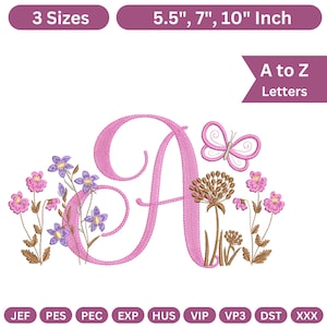 May include: Pink embroidered letter "A" with floral and butterfly accents. Includes text "A to Z Letters" and size options of 5.5", 7", and 10" inches. Also includes various embroidery file formats.