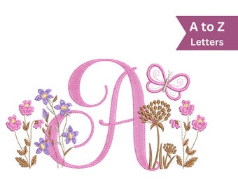 Floral Alphabet Monogram Embroidery Design | A to Z Letter Machine Embroidery Pattern | Digital File – 3 Sizes