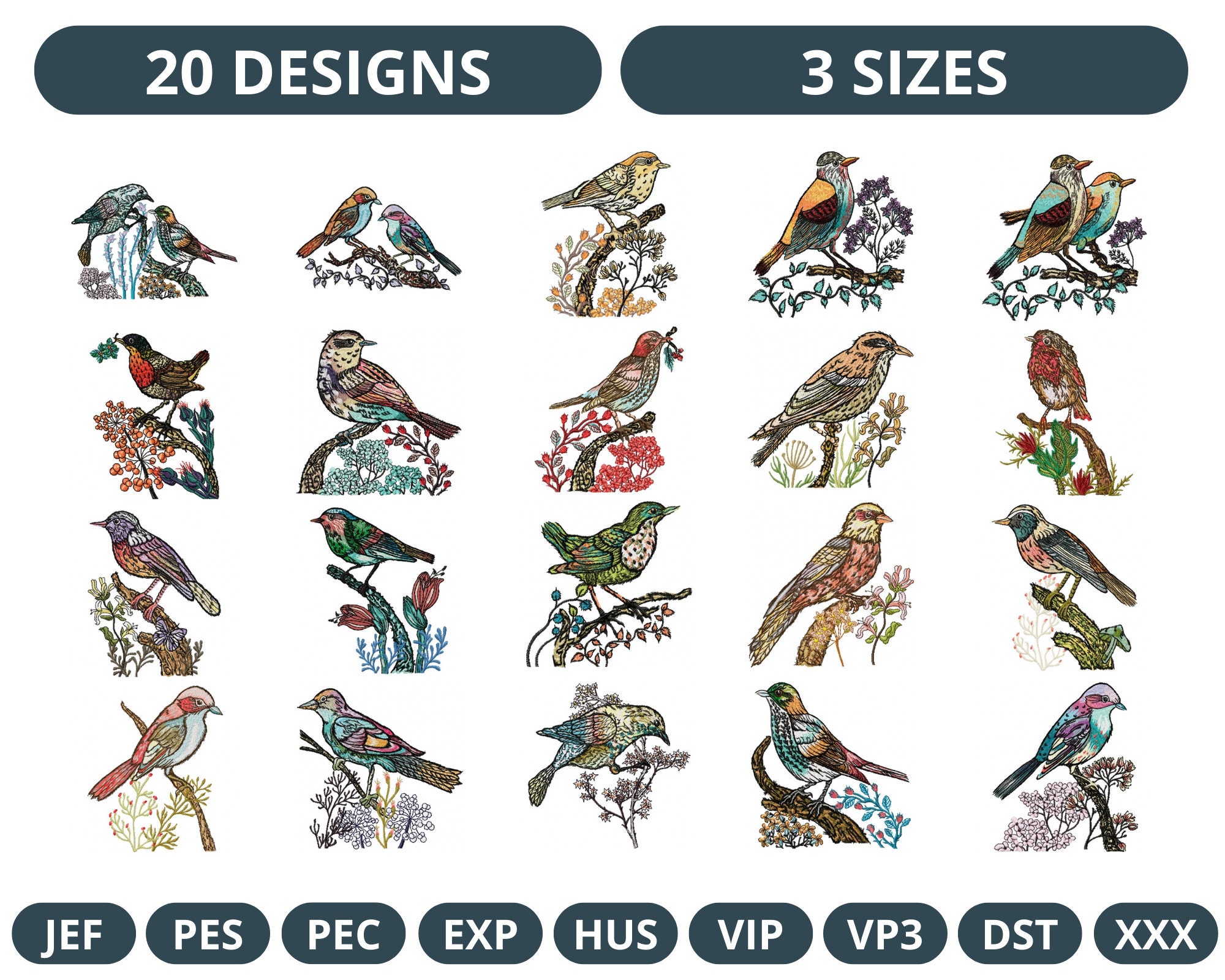 20 Sparrow Bird Machine Embroidery Design Bundle, 3 Sizes, Instant ...