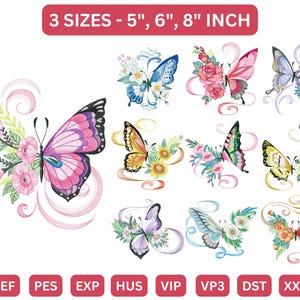 Butterfly Embroidery Design Bundle | Floral Butterfly Machine Embroidery Patterns in 3 Sizes (5", 6", 8") | Digital Download