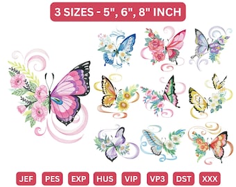 Butterfly Embroidery Design Bundle | Floral Butterfly Machine Embroidery Patterns in 3 Sizes (5&quot;, 6&quot;, 8&quot;) | Digital Download