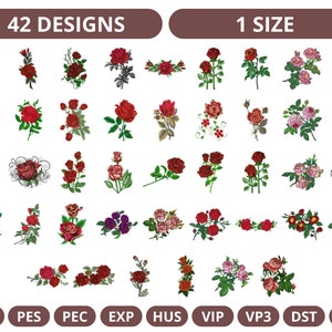 42 種類のユニークなバラの刺繍デザイン - 即時ダウンロード | 9 つの形式の花の機械刺繍ファイル