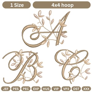 Può includere: Lettere maiuscole ricamate A, B e C in un carattere serif, decorate con disegni di foglie e viti. Le lettere sono di colore marrone chiaro, con una dimensione del telaio di 4x4. L'immagine include anche etichette di formato file.