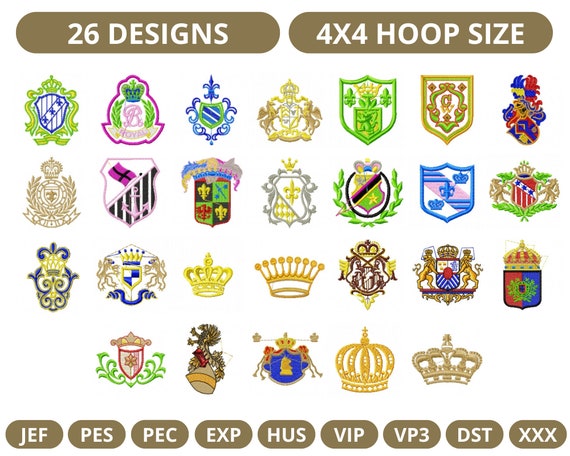 Crown, Badge, Logo Embroidery Designs for 4x4 hoop size, instant download