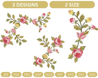 Rose Corner Embroidery Machine Design, 3 Floral files - 2 Sizes