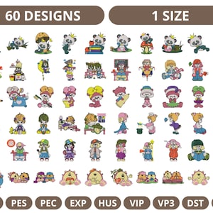 Paquete de diseño de bordado de dibujos animados de 60, 8 formatos, descarga instantánea