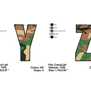 Pode incluir: Letras bordadas Y e Z em um padr&atilde;o de camuflagem com cores preto, marrom, verde e bambu. As letras medem 2,20 polegadas por 3,57 polegadas e 1,74 polegadas por 3,59 polegadas, respectivamente.