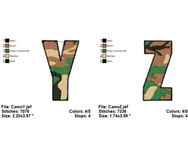Pode incluir: Letras bordadas Y e Z em um padr&atilde;o de camuflagem com cores preto, marrom, verde e bambu. As letras medem 2,20 polegadas por 3,57 polegadas e 1,74 polegadas por 3,59 polegadas, respectivamente.