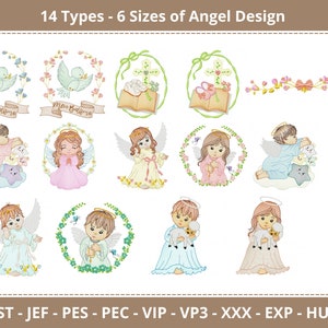 May include: A set of 14 embroidery designs featuring angels with different poses and accessories. The designs are available in 6 sizes and include the text "Meu Balismo".