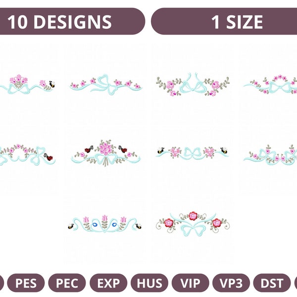 10 Flower Ribbon Machine Embroidery Designs set, Instant Download