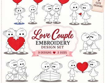 Love Couple Machine Embroidery Design Set, Valentine Couple Embroidery - 3 Sizes
