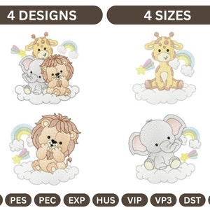 Giraffe, Lion, Elephant, and Rainbow Clouds - 4 Cute Baby Animal Embroidery Designs – Digital Download