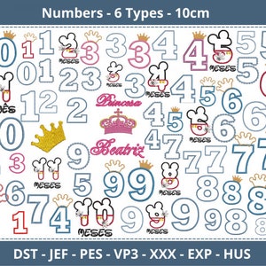 92 tipos de apliques de números para bordar, diseño de Minnie Mouse, patrón de bordado a máquina (6 tamaños, descarga instantánea)