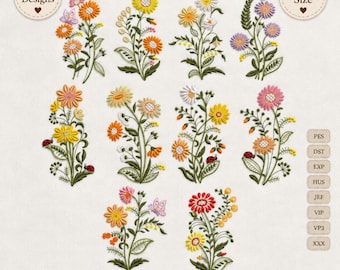 Wildflower Machine Embroidery Designs Set, 10 Floral Stems - 1 size