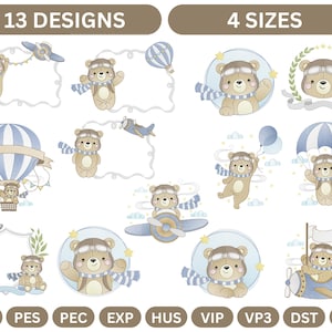 Aviator Teddy Bear Embroidery Design – 13 Flying Bear Designs – Hot Air Balloon, Parachute, Plane – 4 Sizes – Baby Boy Theme