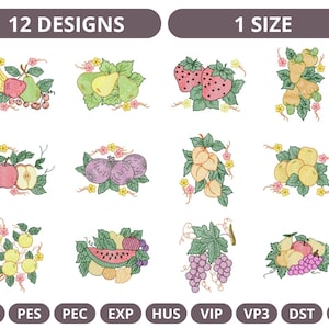 Beautiful collection of 12 tropical fruit-themed machine embroidery designs