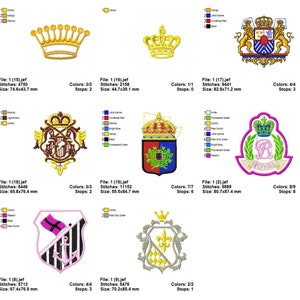 May include: A set of 10 embroidery designs featuring various royal crests and crowns. The designs are in a variety of colors, including gold, red, blue, green, and pink. The designs are perfect for adding a touch of royalty to your projects.