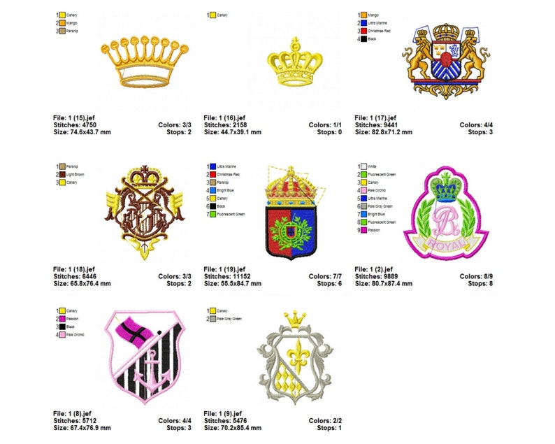 May include: A set of 10 embroidery designs featuring various royal crests and crowns. The designs are in a variety of colors, including gold, red, blue, green, and pink. The designs are perfect for adding a touch of royalty to your projects.